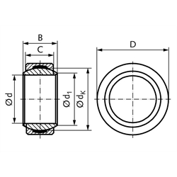 Radial-Gelenklager DIN ISO 12240-1-E Reihe GE..UK wartungsfrei Bohrung 25mm Außendurchmesser 42mm Edelstahl, Technische Zeichnung