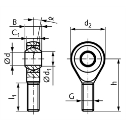 Gelenkkopf GT-R DIN ISO 12240-4 Maßreihe K Außengewinde M22x1,5 rechts wartungsfrei und rostfrei, Technische Zeichnung