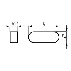 Passfeder DIN 6885-1 Form A 5 x 5 x 28 mm Material 1.4571, Technische Zeichnung
