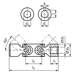 Doppel-Wellengelenk WDL ähnlich DIN808 beidseitig Bohrung 20H7 mit Nut DIN 6885-1 Toleranz JS9, Technische Zeichnung