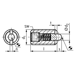 Federndes Druckstück M20 mit Bolzen und Innensechskant Edelstahl 1.4305, Technische Zeichnung