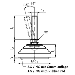 Gelenkfuss 344.5 Form NG M20 x 158mm lang Tellerdurchmesser 80mm Schraube aus Edelstahl , Technische Zeichnung