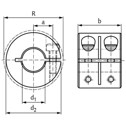 Geschlitzter Klemmring breit Stahl C45 brüniert Bohrung 30mm mit Schrauben DIN 912 12.9 , Technische Zeichnung