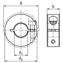 Geschlitzter Klemmring Edelstahl 1.4305 Bohrung 0,5 Zoll = 12,7mm mit Schraube DIN 912 A2-70, Technische Zeichnung