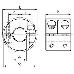 Geteilter Klemmring breit Stahl C45 brüniert Bohrung 50mm mit Schrauben DIN 912 12.9, Technische Zeichnung