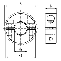 Geteilter Klemmring aus Aluminium eloxiert Bohrung 8mm mit Schrauben DIN 912 A2-70 , Technische Zeichnung