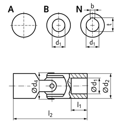 Kreuzgelenk KE Außendurchmesser 13mm beidseitig Bohrung 8H7 mit Nut DIN 6885-1 Toleranz JS9, Technische Zeichnung