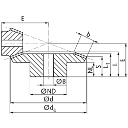 Kegelrad aus Stahl Modul 2,5 60 Zähne Übersetzung 4:1 gefräst , Technische Zeichnung
