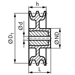 Keilriemenscheibe aus Aluminium Profil XPB, SPB und B (17) 2-rillig Nenndurchmesser 80mm, Technische Zeichnung