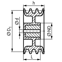 Keilriemenscheibe aus Aluminium Profil XPZ, SPZ und Z (10) 3-rillig Nenndurchmesser 63mm, Technische Zeichnung