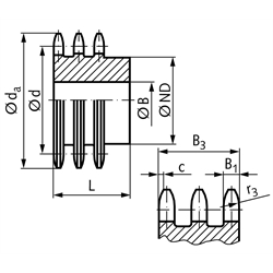 Dreifach-Kettenrad DRS mit einseitiger Nabe 10 B-3 5/8x3/8" 25 Zähne Mat. Stahl , Technische Zeichnung