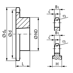 Kettenrad KRT 10 B-1 5/8x3/8" 95 Zähne Material Grauguss für Taper-Spannbuchse Typ 2517 , Technische Zeichnung
