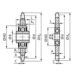 Kettenspannrad KSP-R Material 1.4301 10 B-1 5/8x3/8" 16 Zähne mit Kugellager, Technische Zeichnung