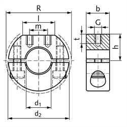 Geteilter Klemmring aus Stahl C45 brüniert Bohrung 50mm mit Schrauben DIN 912 12.9 Ausf. GR, Technische Zeichnung