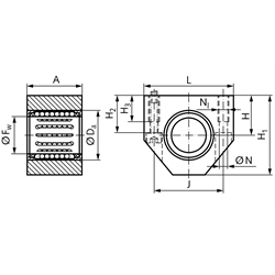 Linearkugellagereinheit KG-1 ISO-Reihe 1 Premium mit Deckscheiben für Wellendurchmesser 30mm rostfrei, Technische Zeichnung