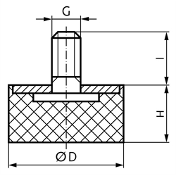 Gummi-Metall-Anschlagpuffer MGS Durchmesser 25mm Höhe 25mm Gewinde M6 x 18mm Edelstahl 1.4301, Technische Zeichnung