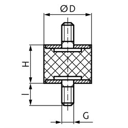 Metall-Gummipuffer MGP Durchmesser 40mm Höhe 25mm Gewinde M10 x 28mm Edelstahl 1.4301 , Technische Zeichnung