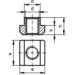 Mutter DIN 508 für T-Nut 6mm DIN 650 Gewinde M4 Güteklasse 10, Technische Zeichnung