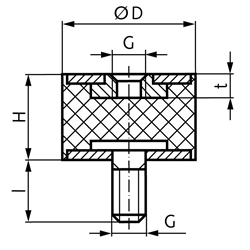 Metall-Gummipuffer MGA Durchmesser 75mm Höhe 40mm Gewinde M12 x 37mm Edelstahl 1.4301, Technische Zeichnung