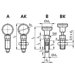 Rastbolzen 717 Form BK Bolzendurchmesser 6mm Gewinde M12x1,5 Edelstahl, Technische Zeichnung