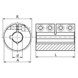 Geschlitzte Schalenkupplung MAS beidseitig Bohrung 20mm mit Nut Edelstahl 1.4305 mit Schrauben DIN 912 A2-70 , Technische Zeichnung