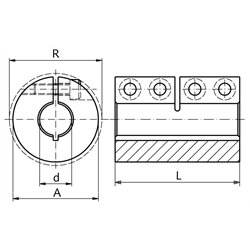 Geschlitzte Schalenkupplung MAS beidseitig Bohrung 3mm ohne Nut Edelstahl 1.4305 mit Schrauben DIN 912 A2-70 , Technische Zeichnung