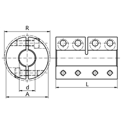 Geteilte Schalenkupplung MAT beidseitig Bohrung 50mm ohne Nut Stahl C45 brüniert mit Schrauben DIN 912-12.9 , Technische Zeichnung