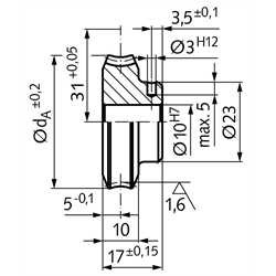Präzisions-Schneckenrad Achsabstand 31mm i=25 25 Zähne , Technische Zeichnung