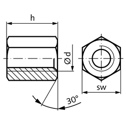 Sechskantmutter mit Trapezgewinde DIN 103 Tr.20 x 4 eingängig links Länge 30mm Schlüsselweite 30mm Stahl C35Pb , Technische Zeichnung