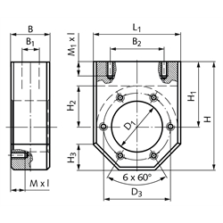 Adapterkonsole KONA-72 Bohrung D1=72mm D3=90mm Gewinde=M10 x 16, Technische Zeichnung