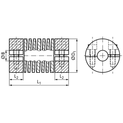 Ausgleichskupplung LA aus Aluminium max. Drehmoment 22Nm Gesamtlänge 66,67mm Aussendurchmesser 38,1mm beidseitig Bohrung 19mm , Technische Zeichnung