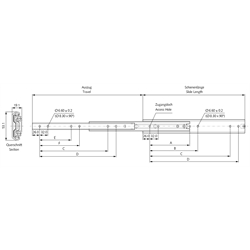 Auszugschienensatz DS 5321 Schienenlänge 600mm Edelstahl , Technische Zeichnung