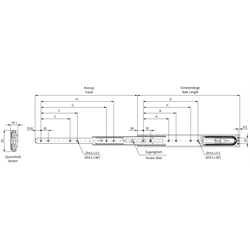 Auszugschienensatz DS 5334 EC Schienenlänge 500mm rostfreier Stahl 1.4301, Technische Zeichnung