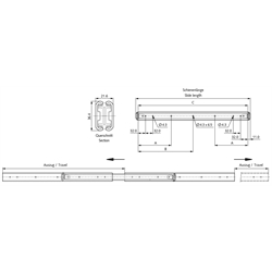 Auszugschienen DZ 3630, Breite 21,6 mm, bis 45 kg, Überauszug in beide Richtungen, Technische Zeichnung