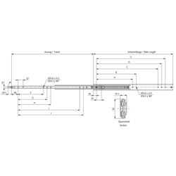 Auszugschienen DZ 5306 DO, Breite 19,1 mm, bis 120 kg, Überauszug, Technische Zeichnung