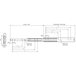 Auszugschienen DZ 5334, Breite 19,1 mm, bis 90 kg, Überauszug, Technische Zeichnung