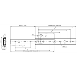 Auszugschienen DZ 0201, Breite 9,5 mm, bis 50 kg, Teilauszug, Technische Zeichnung