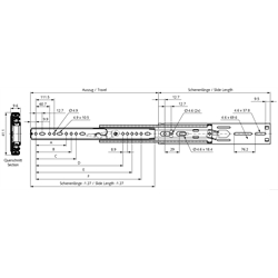 Auszugschienen DZ 2907, Breite 9,6 mm, bis 55 kg, Überauszug, Technische Zeichnung