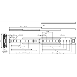 Auszugschienen DZ 3301, Breite 12,7 mm, bis 68 kg, Überauszug, Technische Zeichnung
