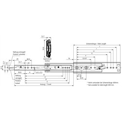 Auszugschienen DZ 3308, Breite 12,7 mm, bis 68 kg, Überauszug, Technische Zeichnung