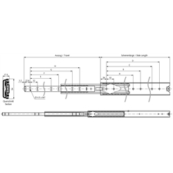 Auszugschienen DZ 5417, Breite 17,5 mm, bis 100 kg, Überauszug, Technische Zeichnung