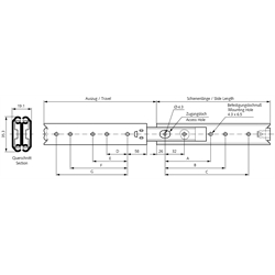 Auszugschienen DS 0330, Breite 19,1 mm, bis 80 kg, Edelstahl, Vollauszug, Technische Zeichnung