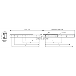 Auszugschienen DS 3031, Breite 19,1 mm, bis 80 kg, Edelstahl, Überauszug, Technische Zeichnung