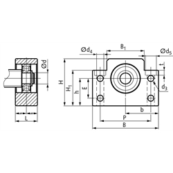 Stehlagereinheit BF 25 Bohrung 25mm Gehäuse aus Stahl brüniert, Technische Zeichnung