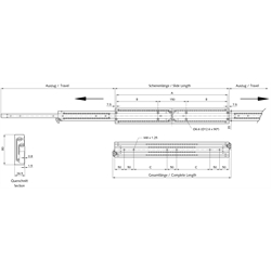 Auszugschienen DA 4165, Breite 26,5 mm, bis 270 kg, Vollauszug in beide Richtung, Technische Zeichnung