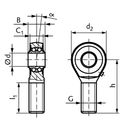 Gelenkkopf BR DIN ISO 12240-4 Maßreihe K Außengewinde M22x1,5 links mit Pendelkugellager, Technische Zeichnung