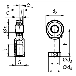 Gelenkköpfe BR-R DIN ISO 12240-4, K, Pendelkugellagerung, Innengewinde, Edelstahl, Technische Zeichnung