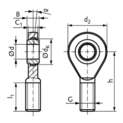 Gelenkkopf GAW DIN 12240-4 Maßreihe E Außengewinde M10 links wartungsfrei, Technische Zeichnung