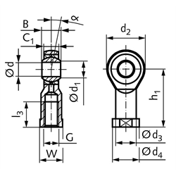 Gelenkkopf GT-R DIN ISO 12240-4 Maßreihe K Innengewinde M10 links wartungsfrei und rostfrei, Technische Zeichnung