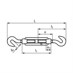 Spannschloss DIN 1480 mit 2 Haken Gewinde M6 Material S235 galvanisch verzinkt, Technische Zeichnung